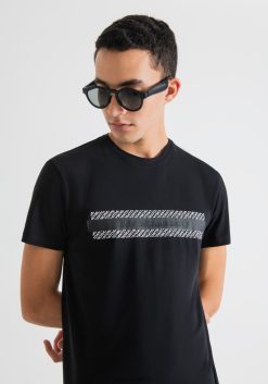 ملابس Antony Morato تيشيرت بقصة ضيقة للغاية من القطن المطاطي مع شعار منقوش أسود رجال JVZ22192