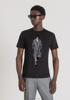 ملابس Antony Morato تيشيرت بقصة ضيقة من القطن الخالص مع طبعة أمامية أسود رجال JVZ22153