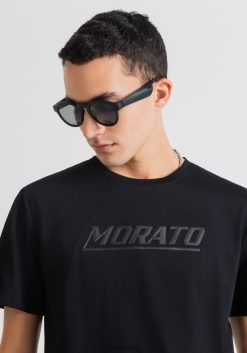 ملابس Antony Morato تيشيرت بقصة ضيقة من القطن الخالص مع طبعة موراتو أسود رجال JVZ22190