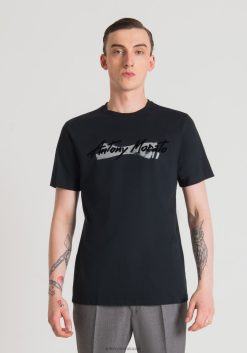 ملابس Antony Morato تيشيرت بقصة عادية من القطن الخالص مع طباعة شعار مطاطية حبر أزرق رجال JVZ22204