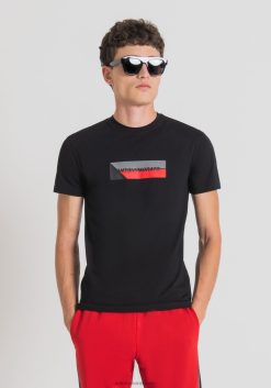 ملابس Antony Morato تيشيرت بقصّة نحيفة للغاية من القطن المطاطي مع طبعة أمامية أسود رجال JVZ22160