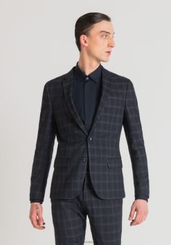 ملابس Antony Morato سترة Bonnie ذات قصة ضيقة من القماش المطاطي مع نقش المربعات حبر أزرق رجال JVZ2231