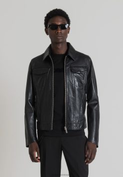 ملابس Antony Morato سترة بقصة ضيقة من الجلد الطبيعي مع ياقة القميص أسود رجال JVZ221