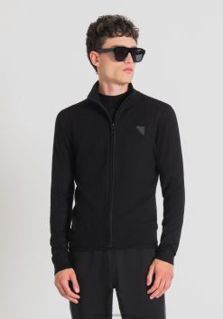 ملابس Antony Morato سترة بياقة عالية مع سحاب من خيوط الفيسكوز المطاطية مع رقعة الشعار أسود رجال JVZ2295