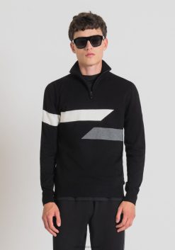 ملابس Antony Morato سويت شيرت بقصة ضيقة ورقبة عالية من خيوط مطاطية مع أشرطة من الجاكار أسود رجال JVZ2293