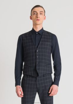 ملابس Antony Morato صدرية بقصة ضيقة من مزيج الفيسكوز المطاطي مع نقش مربعات حبر أزرق رجال JVZ2232