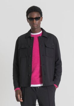 ملابس Antony Morato قميص أوسلو بقصة عادية مصنوع من نسيج قطني مضلع مطاطي بلون موحد أسود رجال JVZ22118